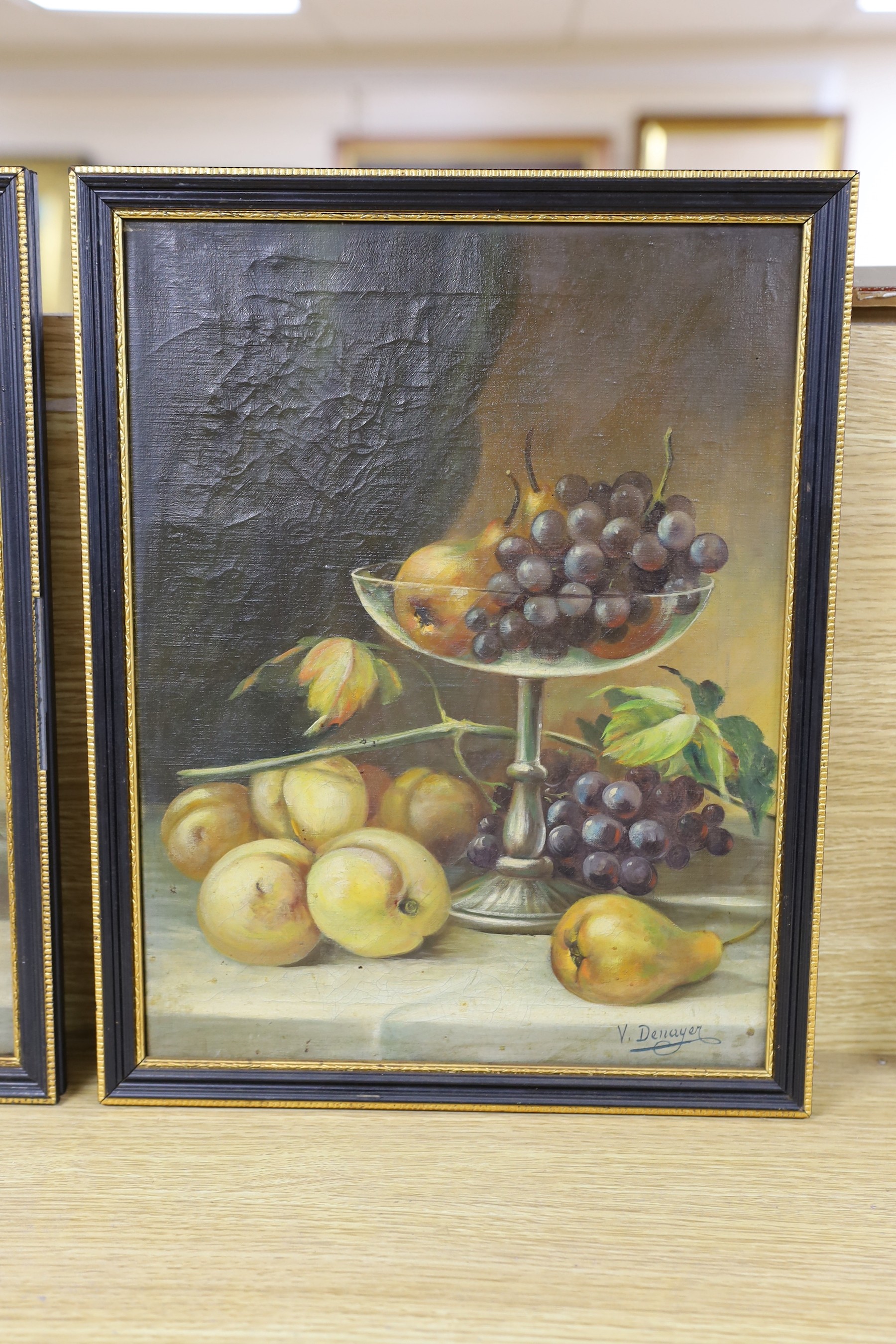 V. Denayer, pair of oils on canvas, Still lifes of fruit, signed, 36 x 27cm